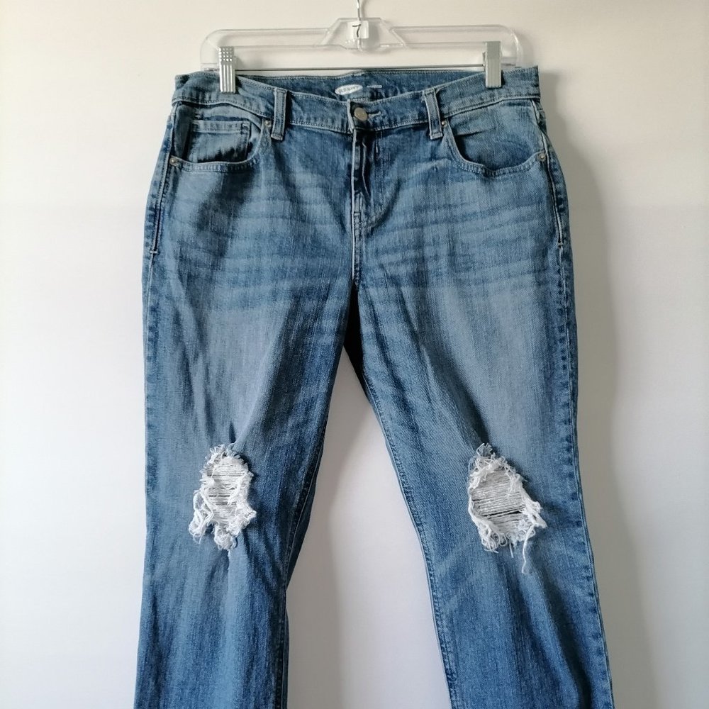 Old Navy Womens Blue Denim Straight Distressed Raw Hem Boyfriend Jeans Size 10